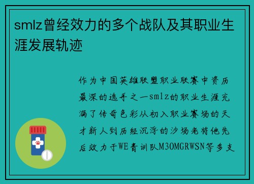 smlz曾经效力的多个战队及其职业生涯发展轨迹