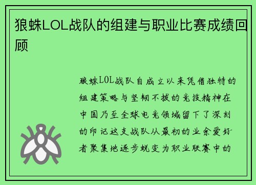 狼蛛LOL战队的组建与职业比赛成绩回顾